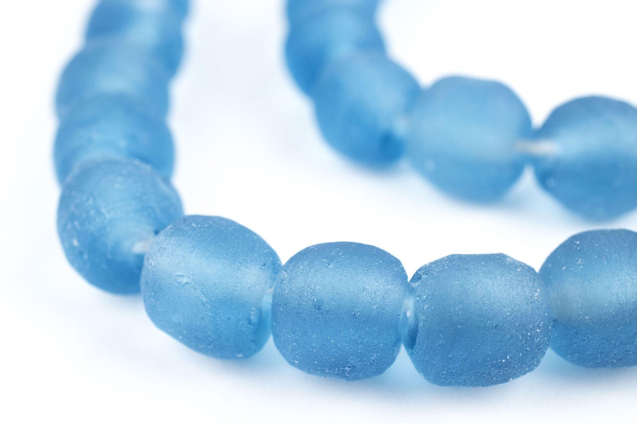 The Bead Chest Light Blue Round Java Recycled Glass Beads 11mm Indonesia Sea Glass Large Hole 23 Inch Strand Fair Trade